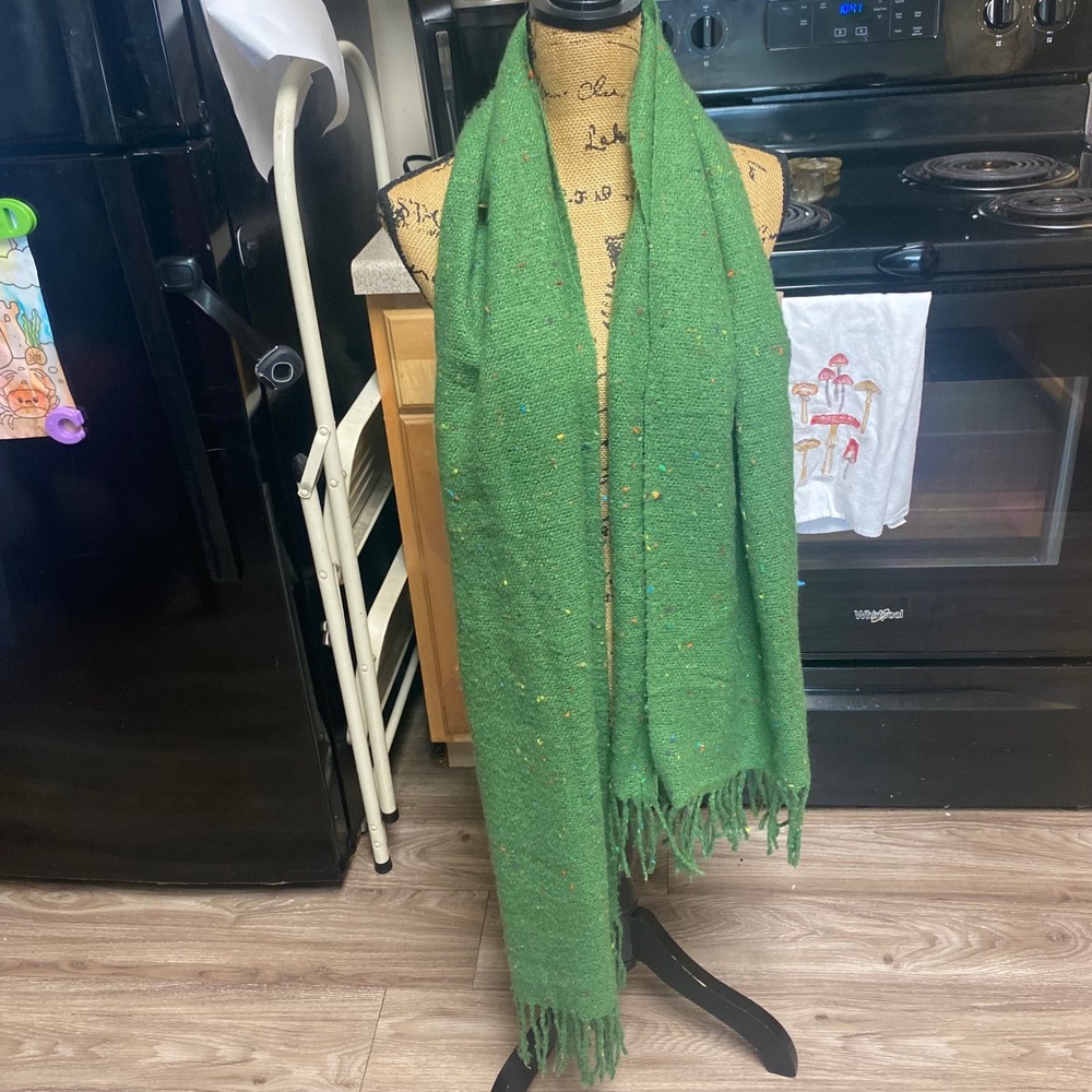 Vintage Cashmere Scarf Germany Green Confetti Fleck Fringed Hand Tailored